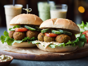 Delicious Veggie Burgers with Fresh Lettuce, Tomato, and Refreshing Beverages on a Casual Dining Table