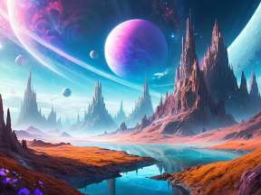 Celestial Ruins: A Surreal Fantasy Landscape of Towering Rock Formations and Cosmic Skies