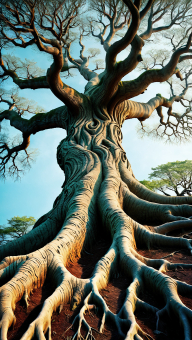 Ancient Gnarled Tree with Expansive Root System in a Woodland Setting