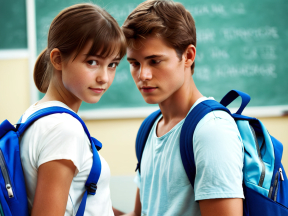 Two Students Engaged in Conversation in a Classroom Setting