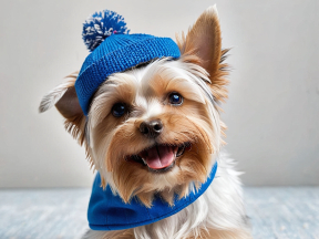 Curious Small Dog in Blue Snowflake Sweater Poses Indoors