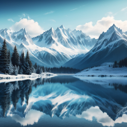 Serene Snow-Capped Mountain Landscape with Reflective Lake