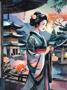 Anime-Inspired Young Woman in Vibrant Kimono Poses by Traditional Japanese House Amid Autumn Scenery