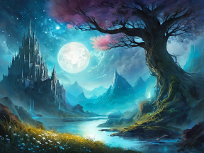 Moonlit Enchantment: A Dreamlike Castle and Blossoming Tree in a Mystical Nightscape