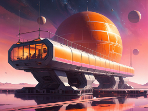 Retro-Futuristic Spacecraft Docked on a Barren Extraterrestrial Planet with Multiple Moons