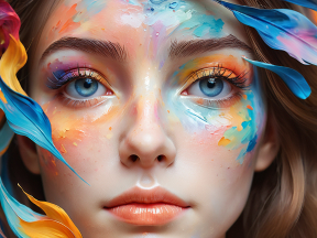 Vibrant Elegance: A Fusion of Artistic Makeup and Feathered Beauty