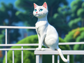 Majestic White Cat with Blue Eyes Perched on Garden Railing
