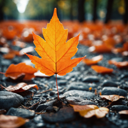 Vibrant Orange Maple Leaf Resting Amid Autumn Foliage and Stones