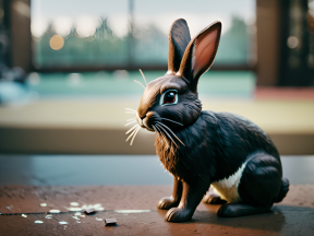 Curious Rabbit Resting on Pavement in Indoor Sports Arena Setting