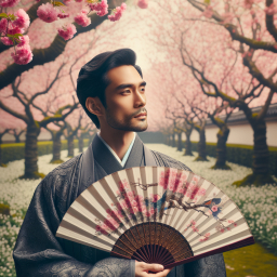 Serene Springtime in Edo: A Man in Traditional Kimono Amidst Cherry Blossoms