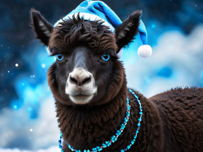 Festive Llama in Christmas Attire Amidst a Snowy Winter Wonderland