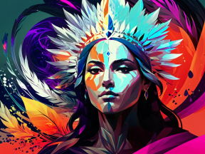Vibrant Digital Portrait of Indigenous Heritage with Mythological Headdress