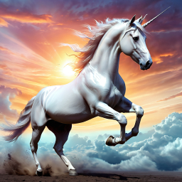 Majestic White Unicorn Galloping Under Dramatic Skies with Radiant Light