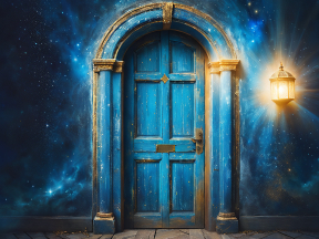 Enchanted Blue Doorway Beneath a Starry Night