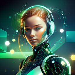 Futuristic Cyborg Woman with Neon Circuitry and High-Tech Headphones in a Digital Command Center