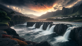 Majestic Waterfalls Amidst Lush Greenery at Sunrise: A Serene Natural Landscape