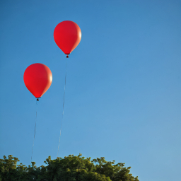 Two Red Balloons Floating Against a Clear Blue Sky Over Green Foliage