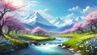 Serene Fantasy Landscape: Tranquil River Amidst Lush Greenery and Majestic Snow-Capped Mountains