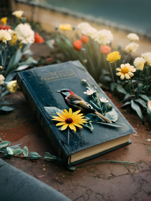 Serene Moments: A Bird's Rest Amidst Blossoms and Books