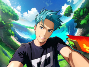 Vibrant Animated Character Taking a Selfie in a Lush Fantasy Landscape