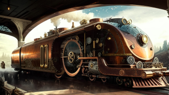 Ornate Steam Locomotive Display Evoking Late 19th to Early 20th Century Elegance