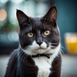Attentive Brown and Black Cat with Yellow Eyes Wearing Bell Collar in Outdoor Setting