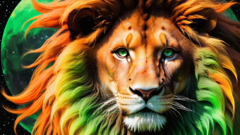 Celestial Majesty: A Vibrant Artistic Lion Amidst Cosmic Swirls