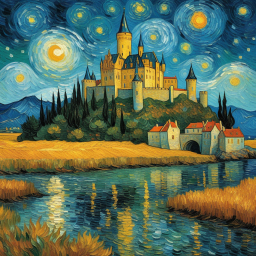 Starlit Castle Overlooking a Tranquil Village: An Impressionist Nightscape