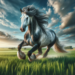 Majestic Thoroughbred Galloping Through Sunlit Rolling Hills Under Dramatic Skies