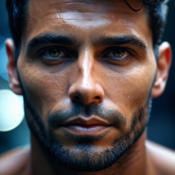 Close-Up Portrait of a Man with a Serious Expression and Glistening Skin