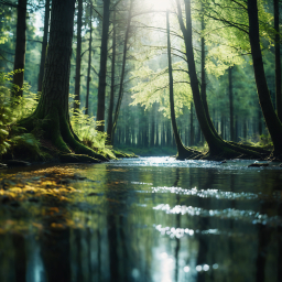 Tranquil Forest Stream Bathed in Sunlight: A Serene Summer Landscape