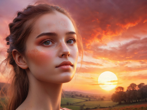 Contemplative Portrait at Sunset: Expressive Gaze Amid Warm Hues and Dramatic Makeup