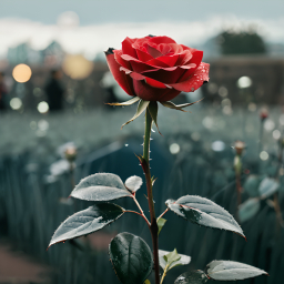 Close-Up of a Dew-Kissed Red Rose in Nighttime Outdoor Lighting