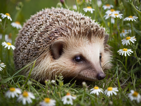 Relaxed Hedgehog Resting Amidst Grass and White Flowers