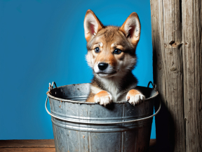 Curious Tri-Color Puppy Sitting Playfully in Vintage Metal Pail on Wooden Porch
