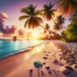 Sunset Serenity: A Tranquil Tropical Beach Scene at Dusk