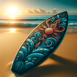 Sunset Serenity: Vibrant Artistic Stand-Up Paddleboard on a Sandy Beach