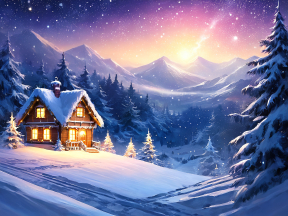 Cozy Winter Cabin Amidst Snow-Covered Pines at Twilight