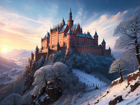 Winter's Embrace: A Snow-Covered Medieval Castle at Sunset