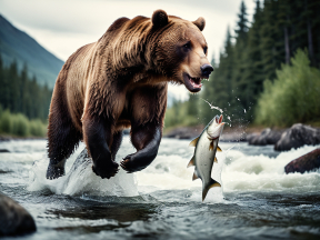 Majestic Brown Bear Fishing for Salmon in Pristine Mountain Wilderness
