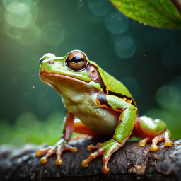 Vibrant Green Frog with Yellow Spots Perched on Bark in Natural Amphibian Habitat