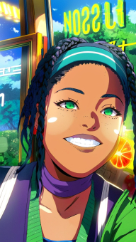 Cheerful Anime Girl at a Cozy Japanese Cafe with Fresh Citrus Display