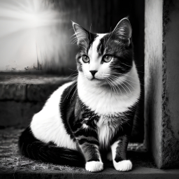 Curious Tabby Cat with White Paws Sitting on a Brick Surface Outdoors
