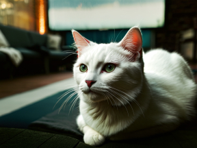White Cat with Green Eyes Gazes Intently in Dimly Lit Indoor Setting