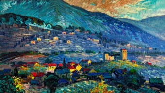 Vibrant Village Among Rolling Hills: A Colorful Landscape Painting