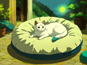 Cozy Garden Moment: Animated Cat Relaxing on a Cushion