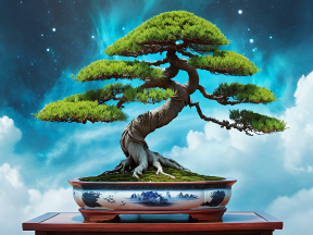 Artful Serenity: A Twisted Bonsai Tree Displayed Against a Scenic Sky