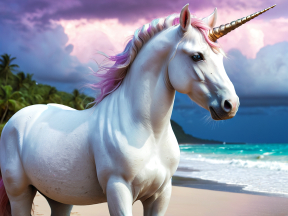 Majestic Unicorn on a Tropical Beach: A Fantasy Scene by the Ocean