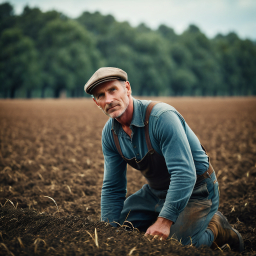 Farmer Inspecting Soil in Tilled Field Near Tree Line