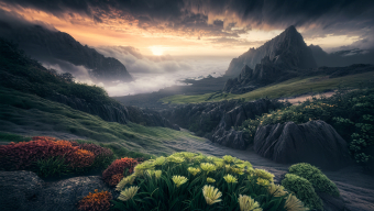 Sunset Serenity: Vibrant Coastal Cliffs and Misty Ocean Wilderness